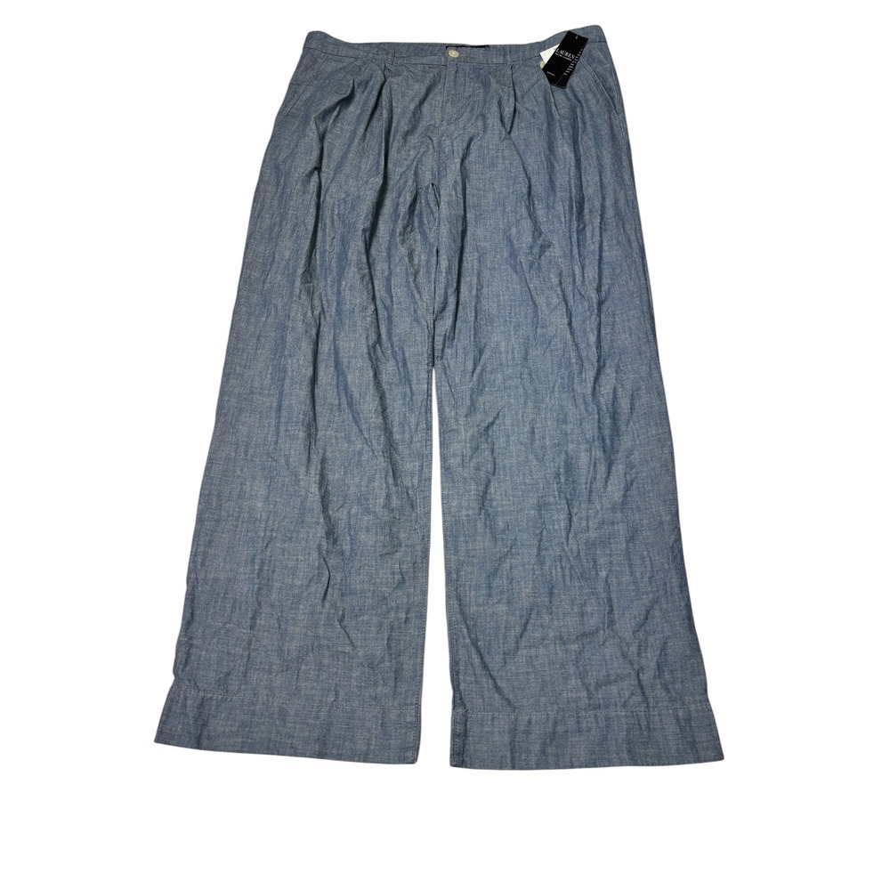 NWT Lauren Ralph Lauren Woman 16W W40 L32 Blue Chambray Wide Leg Pleated Pants